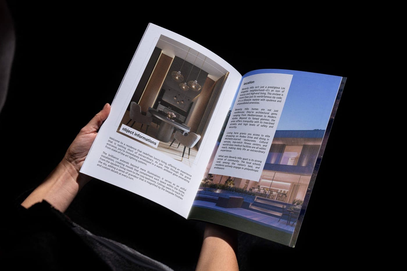A printed brochure held open, showing the property description and location pages