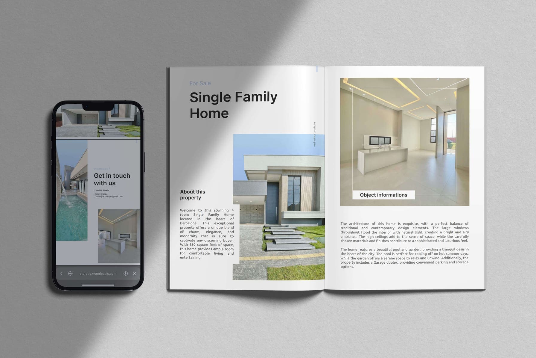 AI-generated real estate brochure as a printed magazine and on a phone