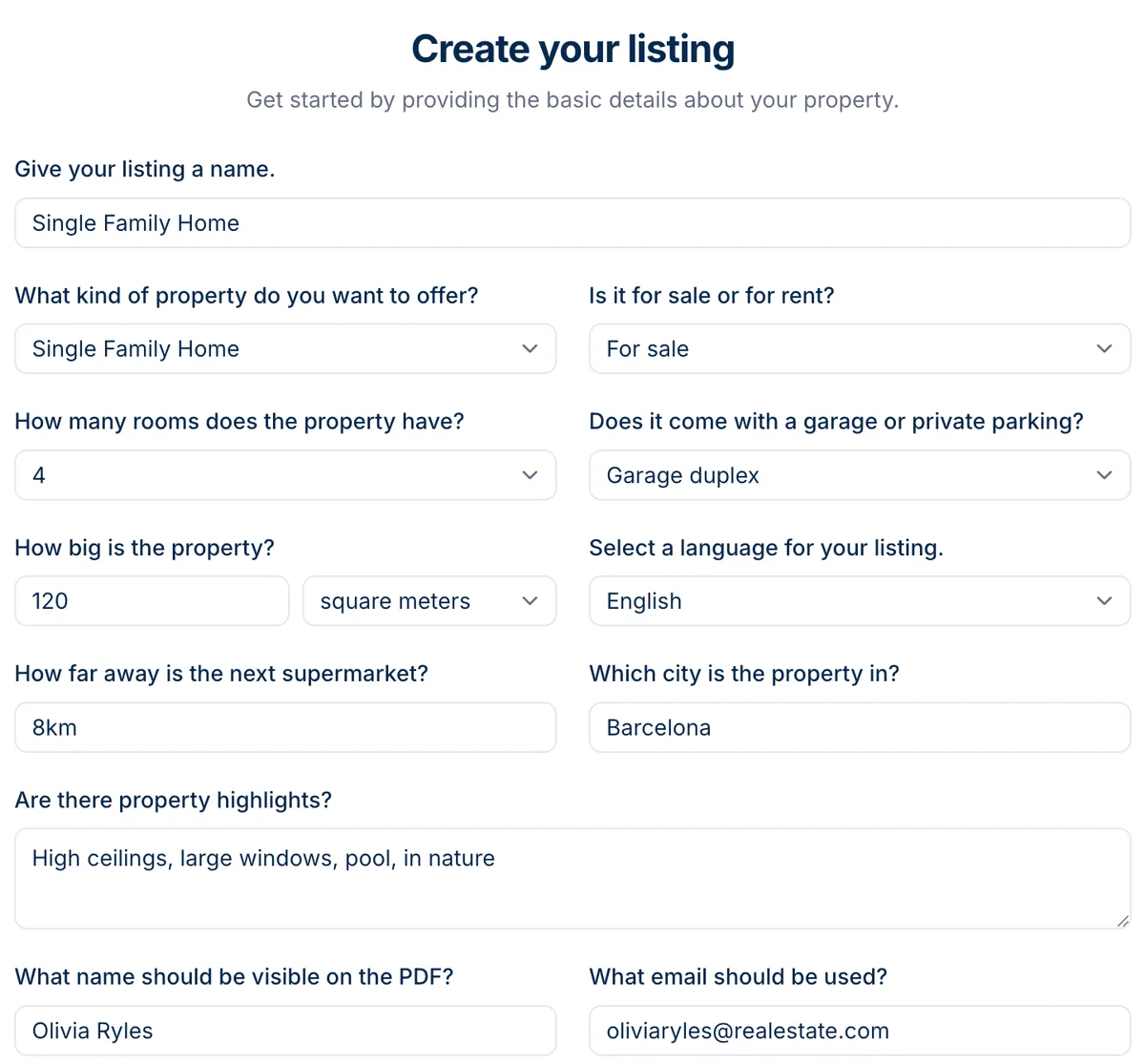 The listing form in the app, asking for property name, type, rooms and size