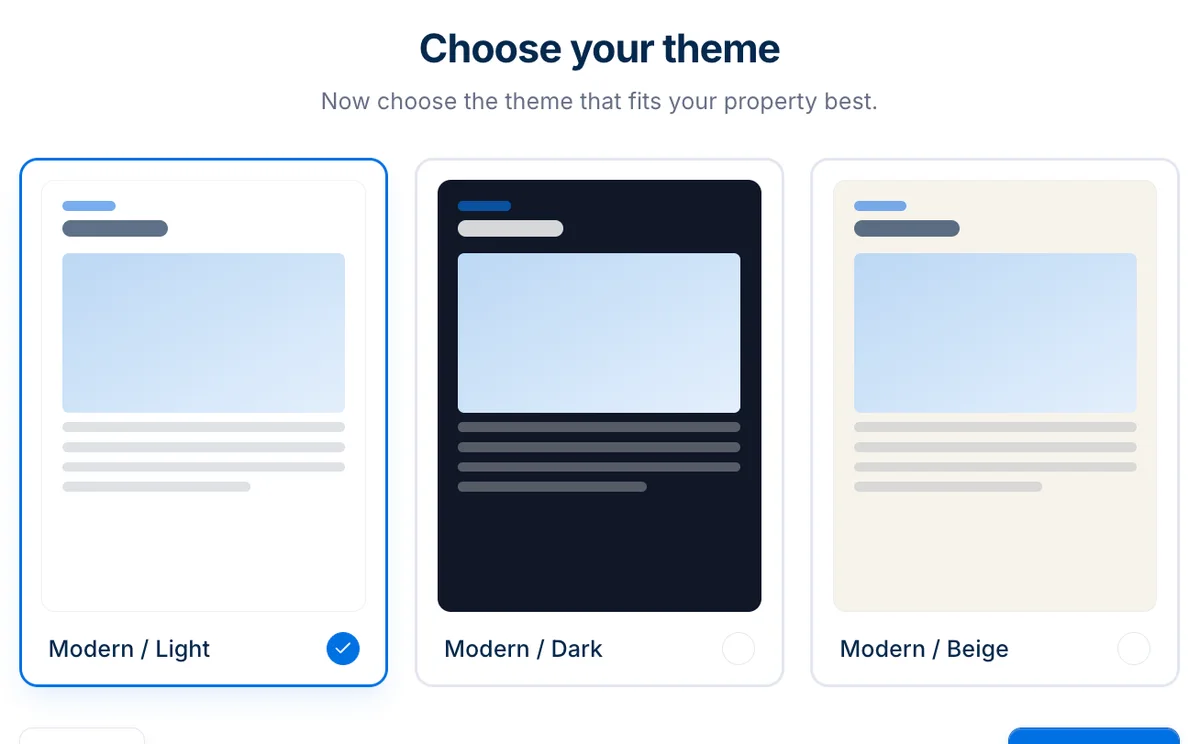 Template picker in the app showing the Modern Light, Dark and Beige brochure styles